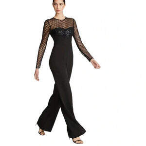 Halston Jac Sequin Illusion Neck Crepe Wide Leg Jumpsuit Black Size 2 NWT